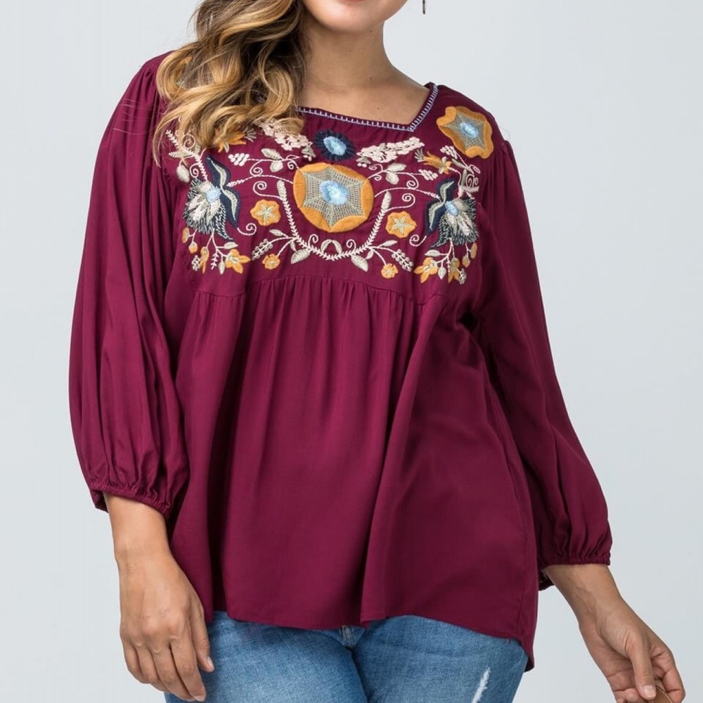 Entro Burgundy Top with Embroidered Detail